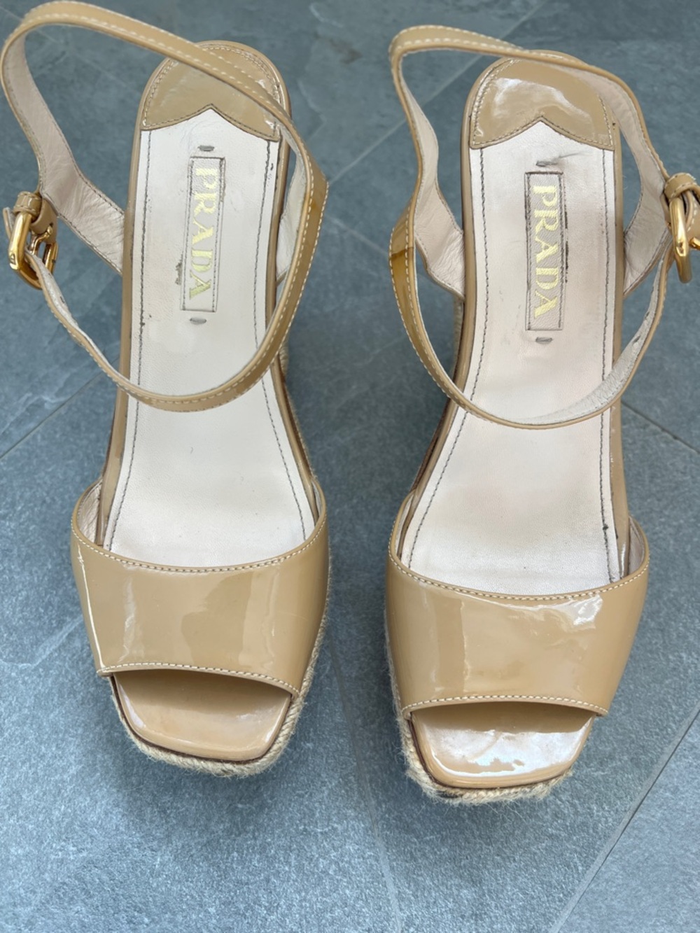 Prada Nude Patent Leather Espadrille Wedge Sandals - Picture 4 of 7